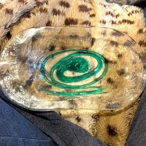 Vintage Murano sty turquoise swirl Abstract Trinket Dish ~8.5 x ~4 Inches